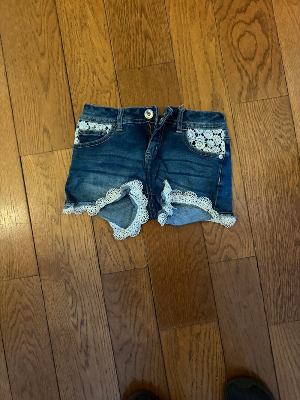 Justice Dark Wash Denim Shorts with White Crochet Trim